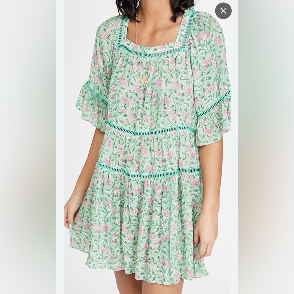 Playa Lucila Green Floral Mini Dress Ruffle Sleeve Boho Spring Summer Dress - Picture 2 of 10